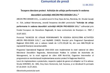 Începere derulare proiect Achiziție de utilaje performante în vederea dezvoltării activității ARCON PRO-DESIGN S.R.L.’’