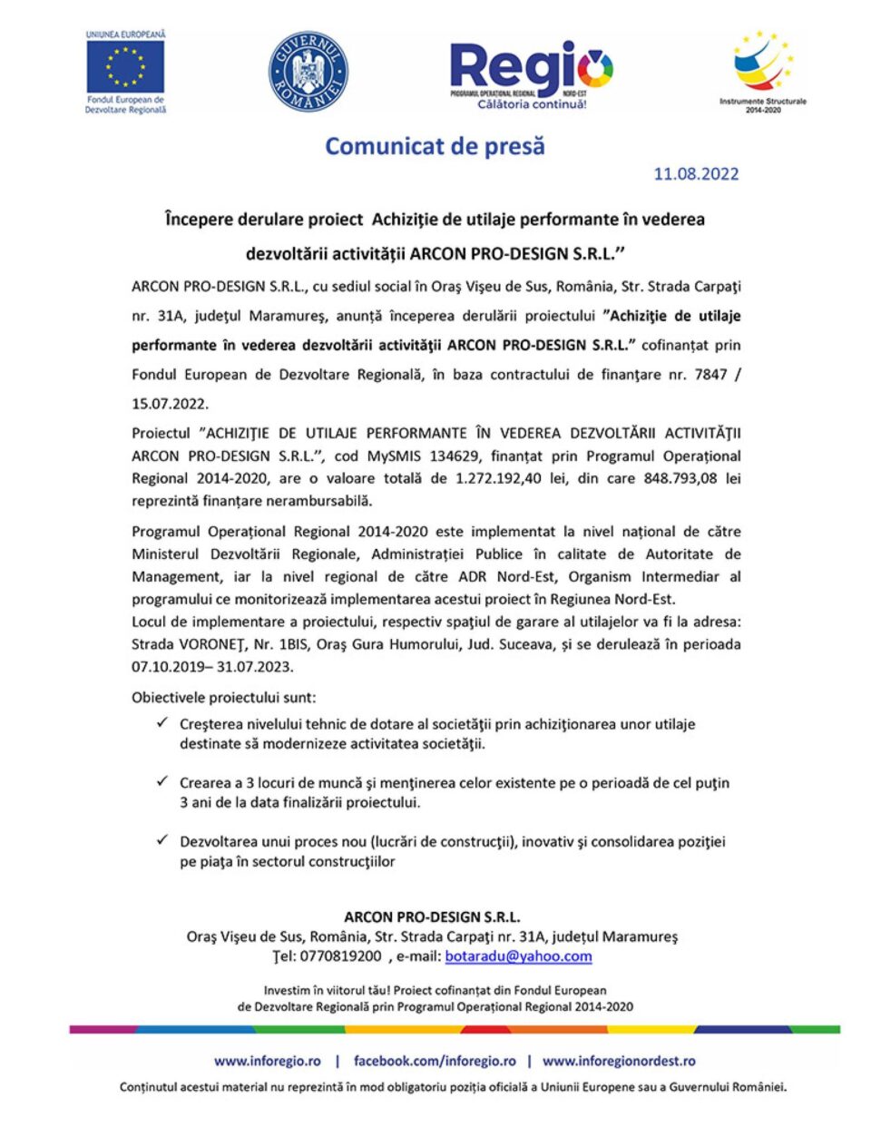 Începere derulare proiect Achiziție de utilaje performante în vederea dezvoltării activității ARCON PRO-DESIGN S.R.L.’’