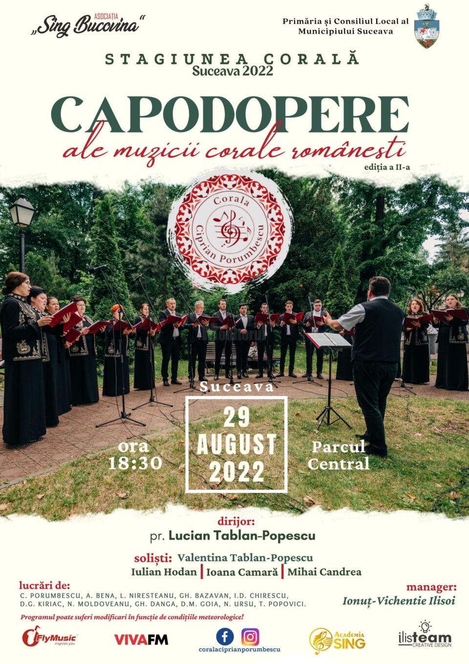 Capodopere ale muzicii corale românești interpretate de Corala „Ciprian Porumbescu”, în Parcul Central din Suceava