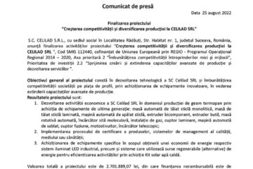 Finalizarea proiectului ”Creșterea competitivității și diversificarea producției la CELILAD SRL”