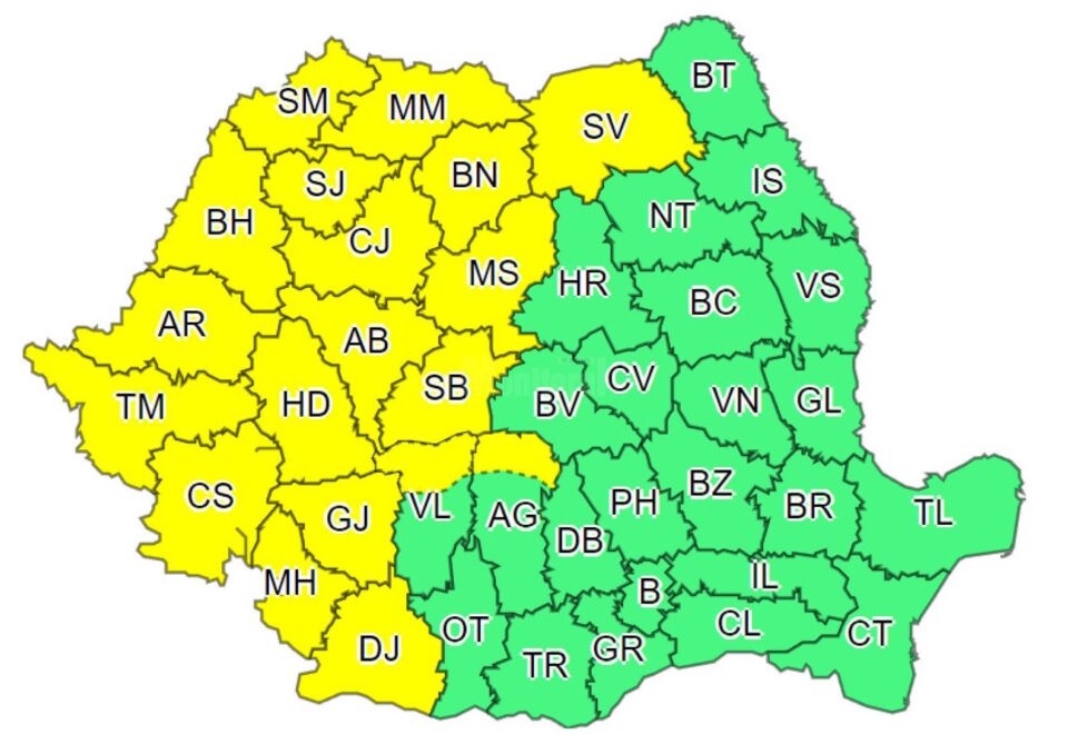 Val de căldură și cod galben furtuni, luni și marți