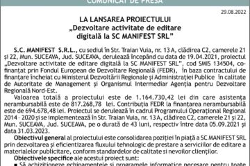 Comunicat de presă LA LANSAREA PROIECTULUI „Dezvoltare activitate de editare digitală la SC MANIFEST SRL”