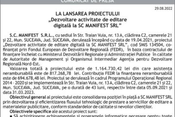 Comunicat de presă LA LANSAREA PROIECTULUI „Dezvoltare activitate de editare digitală la SC MANIFEST SRL”