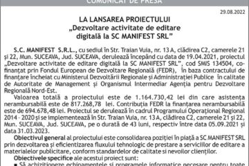 LA LANSAREA PROIECTULUI „Dezvoltare activitate de editare digitală la SC MANIFEST SRL”