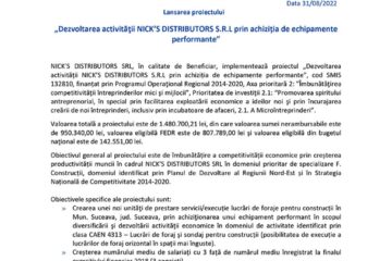 Lansarea proiectului „Dezvoltarea activității NICK’S DISTRIBUTORS S.R.L prin achiziția de echipamente performante”