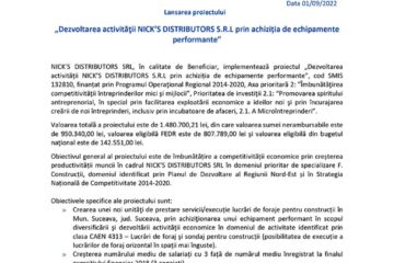Lansarea proiectului „Dezvoltarea activității NICK’S DISTRIBUTORS S.R.L prin achiziția de echipamente performante”