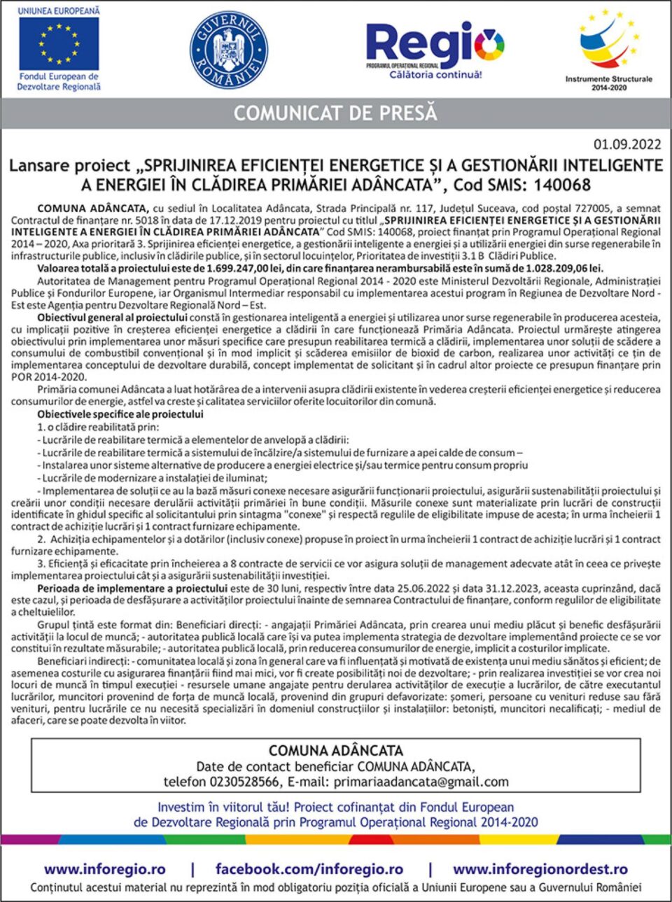 Lansare proiect „SPRIJINIREA EFICIENȚEI ENERGETICE ȘI A GESTIONĂRII INTELIGENTE A ENERGIEI ÎN CLĂDIREA PRIMĂRIEI ADÂNCATA”, Cod SMIS: 140068