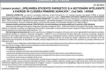 Lansare proiect „SPRIJINIREA EFICIENȚEI ENERGETICE ȘI A GESTIONĂRII INTELIGENTE A ENERGIEI ÎN CLĂDIREA PRIMĂRIEI ADÂNCATA”, Cod SMIS: 140068