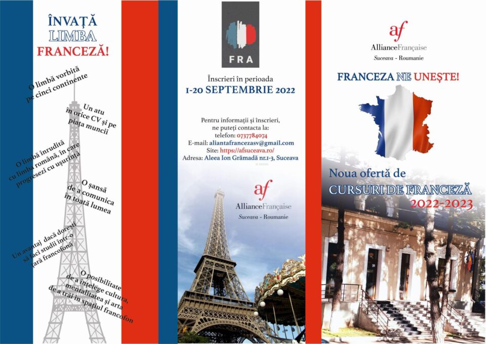 O nouă sesiune de cursuri de limba franceză, din octombrie, organizate de Alianța Franceză din Suceava O nouă sesiune de cursuri de limba franceză, din octombrie, organizate de Alianța Franceză din Suceava