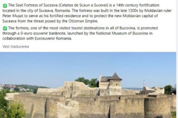 Ambasada României în SUA promovează bancnota de 0 euro cu Cetatea de Scaun și-i invită pe americani să viziteze Suceava
