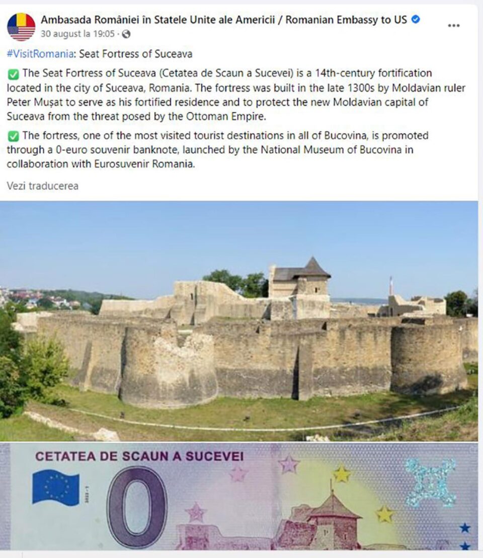Ambasada României în SUA promovează bancnota de 0 euro cu Cetatea de Scaun și-i invită pe americani să viziteze Suceava Ambasada României în SUA promovează bancnota de 0 euro cu Cetatea de Scaun și-i invită pe americani să viziteze Suceava