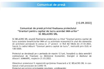 Comunicat de presă privind finalizarea proiectului Granturi pentru capital de lucru acordat IMM-urilor” SC BELACRIS SRL
