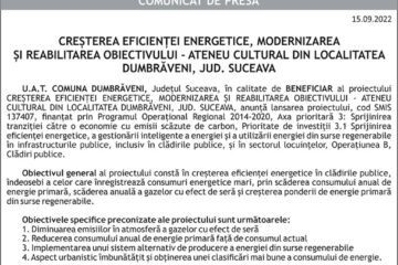 CREȘTEREA EFICIENȚEI ENERGETICE, MODERNIZAREA ȘI REABILITAREA OBIECTIVULUI - ATENEU CULTURAL DIN LOCALITATEA DUMBRĂVENI, JUD. SUCEAVA