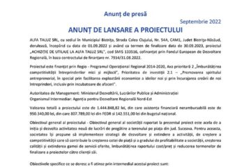 ANUNȚ DE LANSARE A PROIECTULUI - ACHIZIȚIE DE UTILAJE LA ALFA TALUZ SRL