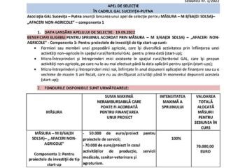 APEL DE SELECȚIE ÎN CADRUL GAL SUCEVIȚA-PUTNA