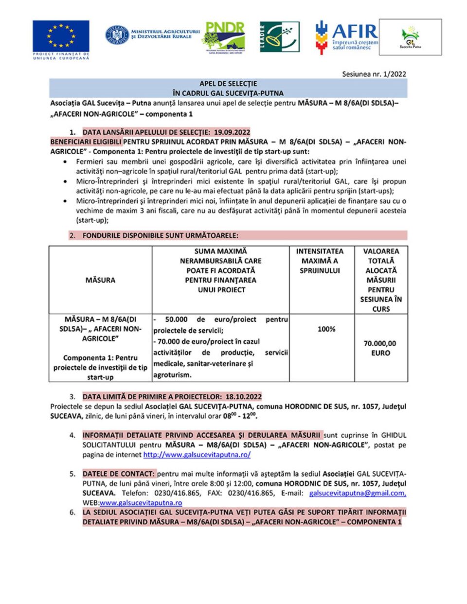 APEL DE SELECȚIE ÎN CADRUL GAL SUCEVIȚA-PUTNA