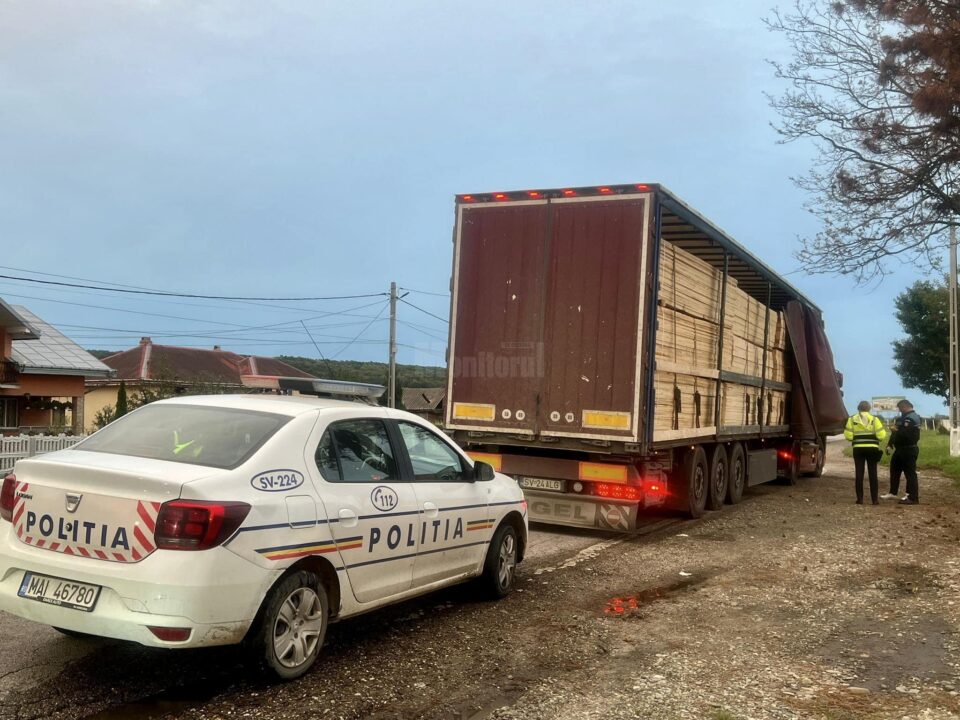 Autotrenul cu cherestea oprit la Vadu Moldovei. Foto Daniel Bodnar
