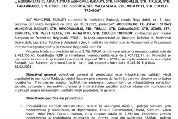 COMUNICAT DE PRESA LA LANSAREA PROIECTULUI „ MODERNIZARE CU ASFALT STRAZI MUNICIPIUL RADAUTI, STR. HIPODROMULUI, STR. TIRULUI, STR. CARAMIDARIEI, STR. UZINEI, STR. SERPUITA, STR. VALEA SEACA, STR. MIHAI PITEI, STR. CUCULUI TRONSON”