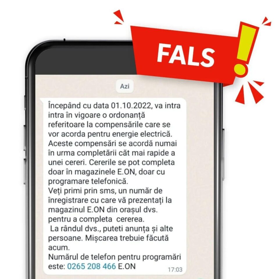 E.ON Energie România atrage atenția asupra unor mesaje false transmise în numele companiei E.ON Energie România atrage atenția asupra unor mesaje false transmise în numele companiei