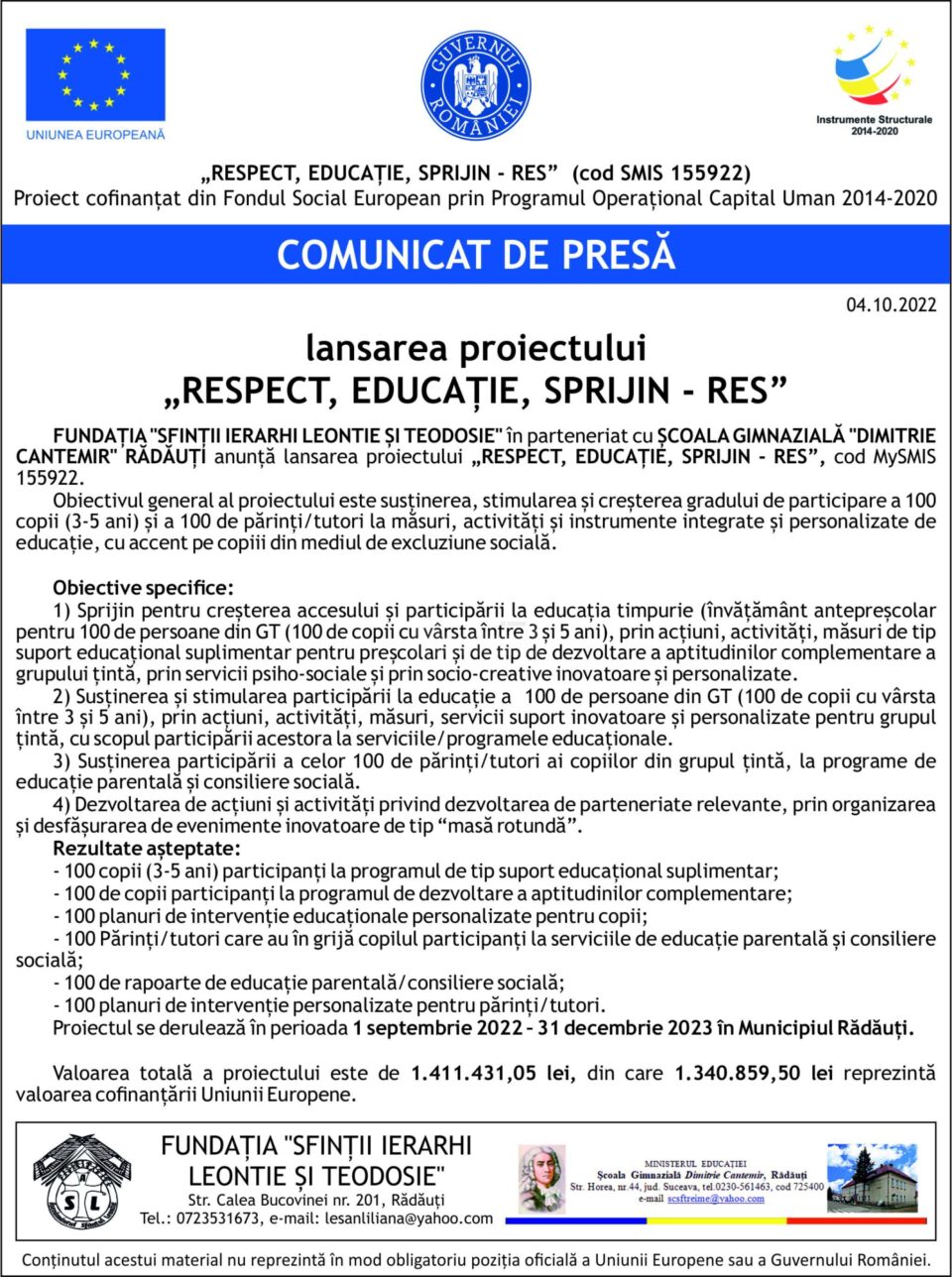 „RESPECT, EDUCAȚIE, SPRIJIN - RES” (cod SMIS 155922)