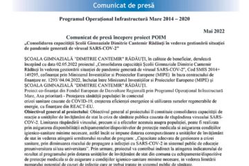 Comunicat de presă începere proiect POIM „Consolidarea capacității Școlii Gimnaziale Dimitrie Cantemir Rădăuți în vederea gestionării situației de pandemie generată de virusul SARS-COV-2”