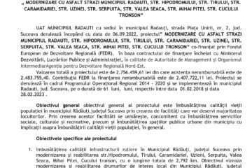 LANSAREA PROIECTULUI „ MODERNIZARE CU ASFALT STRAZI MUNICIPIUL RADAUTI, STR. HIPODROMULUI, STR. TIRULUI, STR. CARAMIDARIEI, STR. UZINEI, STR. SERPUITA, STR. VALEA SEACA, STR. MIHAI PITEI, STR. CUCULUI TRONSON”
