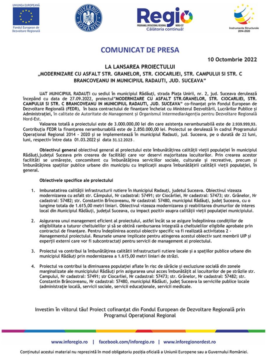 LA LANSAREA PROIECTULUI „MODERNIZARE CU ASFALT STR. GRANELOR, STR. CIOCARLIEI, STR. CAMPULUI SI STR. C BRANCOVEANU IN MUNICIPIUL RADAUTI, JUD. SUCEAVA”
