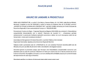 ANUNȚ DE LANSARE A PROIECTULUI - ACHIZIȚIE DE UTILAJE LA SIGMA ALFA CONSTRUCT SRL
