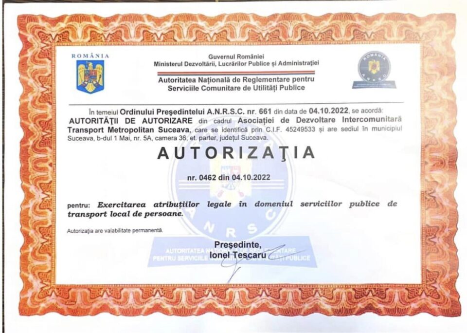 Asociația de Dezvoltare Intercomunitară Transport Metropolitan Suceava a fost autorizată
