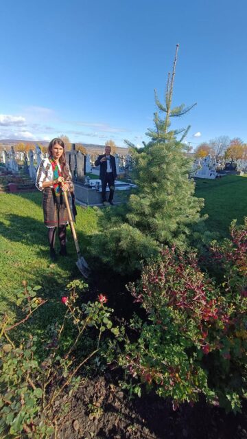 Ionela Cozmiuc a plantat un brad în curtea bisericii din Costâna