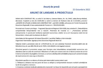 ANUNȚ DE LANSARE A PROIECTULUI - ACHIZIȚIE DE UTILAJE LA SIGMA ALFA CONSTRUCT SRL