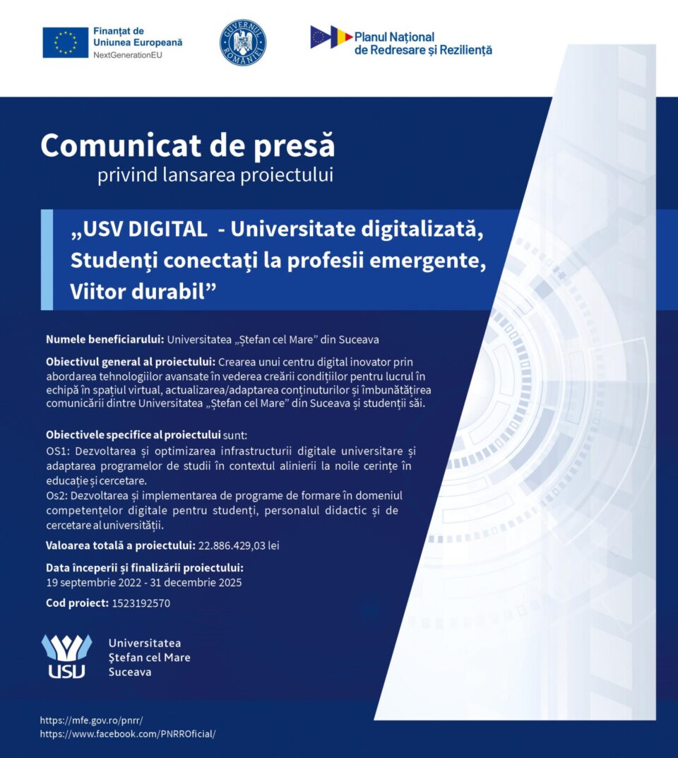 „USV DIGITAL – Universitate digitalizată, Studenți conectați la profesii emergente, Viitor durabil” „USV DIGITAL – Universitate digitalizată, Studenți conectați la profesii emergente, Viitor durabil”