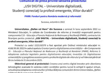 Comunicat de presă privind lansarea proiectului „USV DIGITAL – Universitate digitalizată, Studenți conectați la profesii emergente, Viitor durabil”