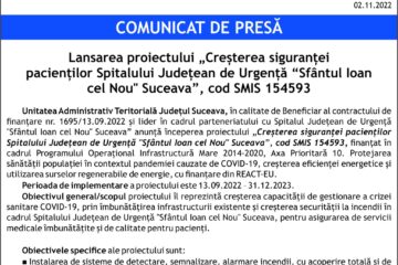 Lansarea proiectului „Creșterea siguranței pacienților Spitalului Județean de Urgență “Sfântul Ioan cel Nou" Suceava”, cod SMIS 154593