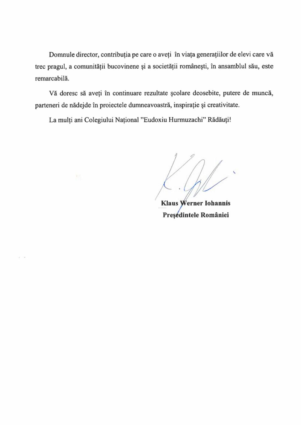 Scrisoare de apreciere trimisă de Președintele României Colegiului Național „Eudoxiu Hurmuzachi” din Rădăuți