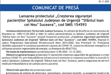 Lansarea proiectului „Creșterea siguranței pacienților Spitalului Județean de Urgență “Sfântul Ioan cel Nou" Suceava”, cod SMIS 154593
