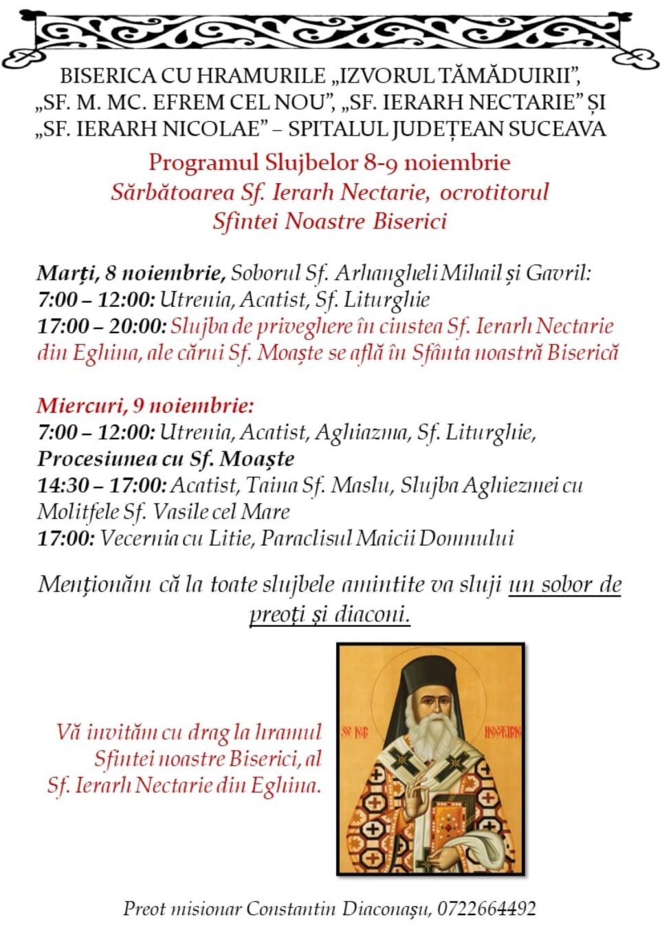 Programul slujbelor la Biserica „Sfântul Nicolae” din curtea Spitalului Vechi Suceava