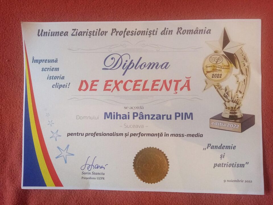 Maestrul Mihai Pânzaru PIM a primit un trofeu și o Diplomă de excelență pentru profesionalism și performanță în mass-media