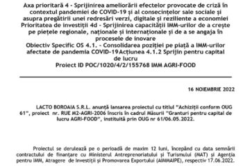 LACTO BOROAIA S.R.L. anunță lansarea proiectul cu titlul ”Achiziții conform OUG 61”
