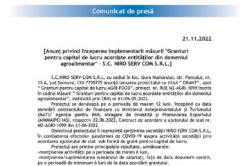 Anunț privind începerea implementarii măsurii "Granturi pentru capital de lucru acordate entităților din domeniul agroalimentar" - S.C. NIRO SERV COM S.R.L.]