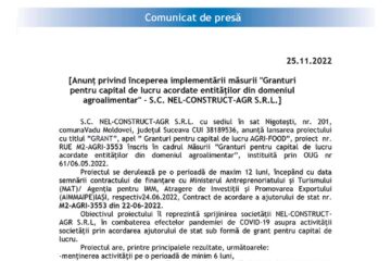 Anunț privind începerea implementării măsurii "Granturi pentru capital de lucru acordate entităților din domeniul agroalimentar" - S.C. NEL-CONSTRUCT-AGR S.R.L.