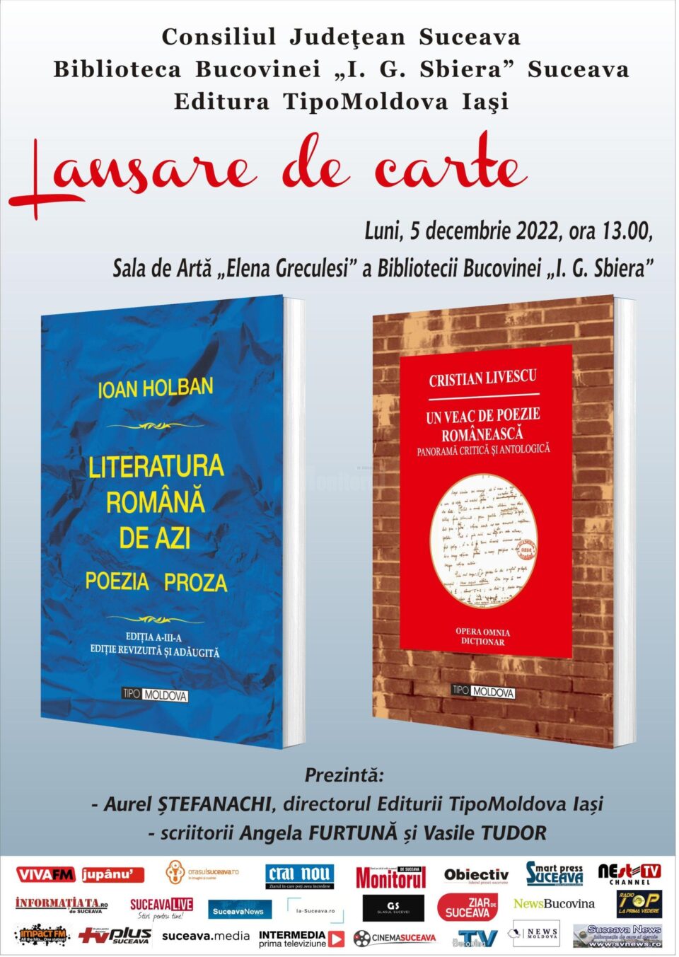 Lansare de carte, luni, la Biblioteca Bucovinei „I. G. Sbiera”
