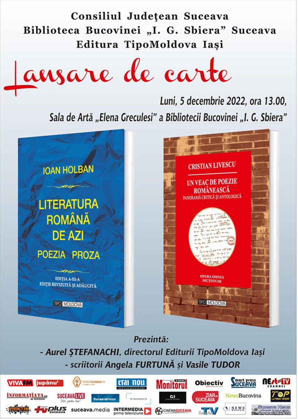 Lansare de carte, luni, la Biblioteca Bucovinei „I. G. Sbiera”
