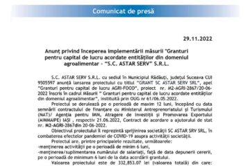 Anunț privind începerea implementării măsurii "Granturi pentru capital de lucru acordate entităților din domeniul agroalimentar - “S.C. ASTAR SERV” S.R.L.