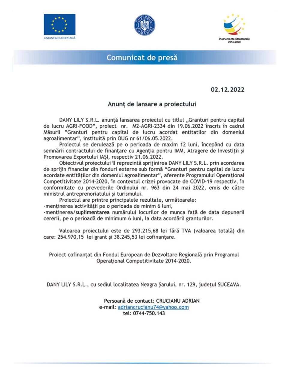 Anunț de lansare a proiectului