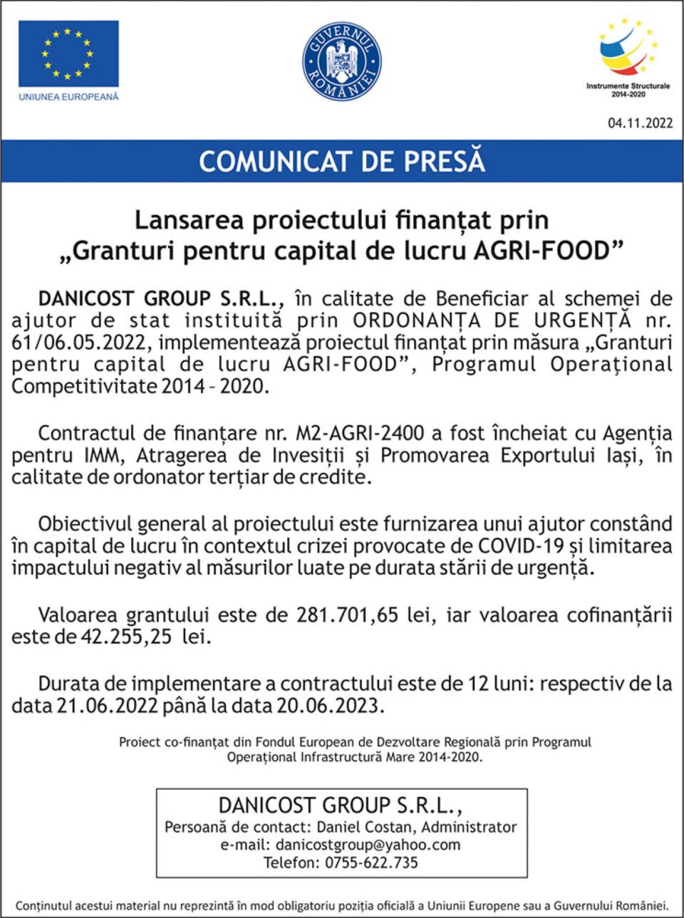 Lansarea proiectului finanțat prin „Granturi pentru capital de lucru AGRI-FOOD” Lansarea proiectului finanțat prin „Granturi pentru capital de lucru AGRI-FOOD”