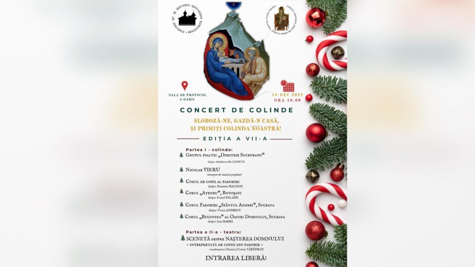 Concertul de colinde „Sloboză-ne, gazdă-n casă,/ Și primiți colinda noastră!”, duminică, la sala de protocol a Gării Burdujeni