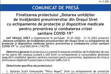Finalizarea proiectului „Dotarea unităților de învățământ preuniversitar din Orașul Siret cu echipamente de protecție și dispozitive medicale pentru prevenirea și combaterea crizei sanitare COVID-19”