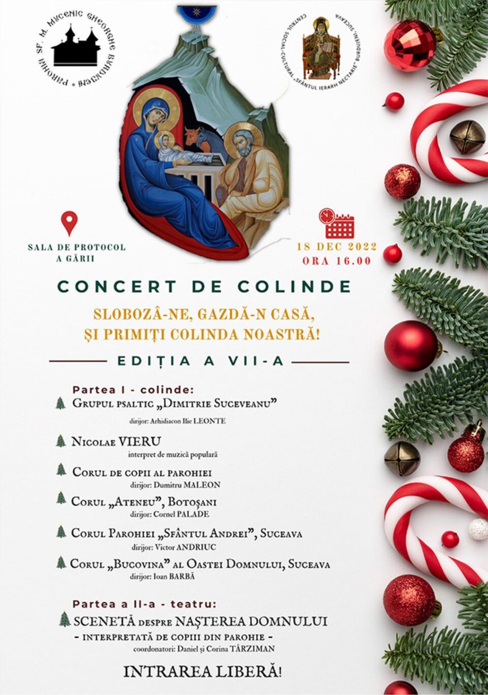 Concertul de colinde „Sloboză-ne, gazdă-n casă,/ Și primiți colinda noastră!”, duminică, la sala de protocol a Gării Burdujeni
