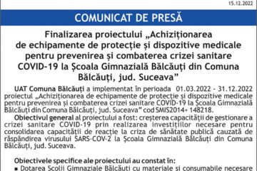 Finalizarea proiectului „Achiziționarea de echipamente de protecție și dispozitive medicale pentru prevenirea și combaterea crizei sanitare COVID-19 la Școala Gimnazială Bălcăuți din Comuna Bălcăuți, jud. Suceava”